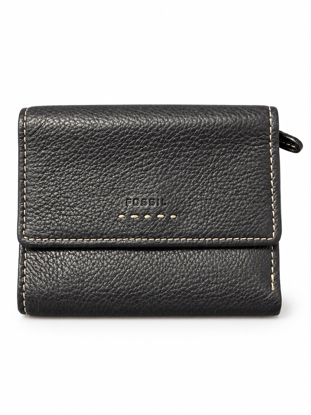 EUC Fossil Black Pebbled Leather Trifold Wallet Contrast Stitching